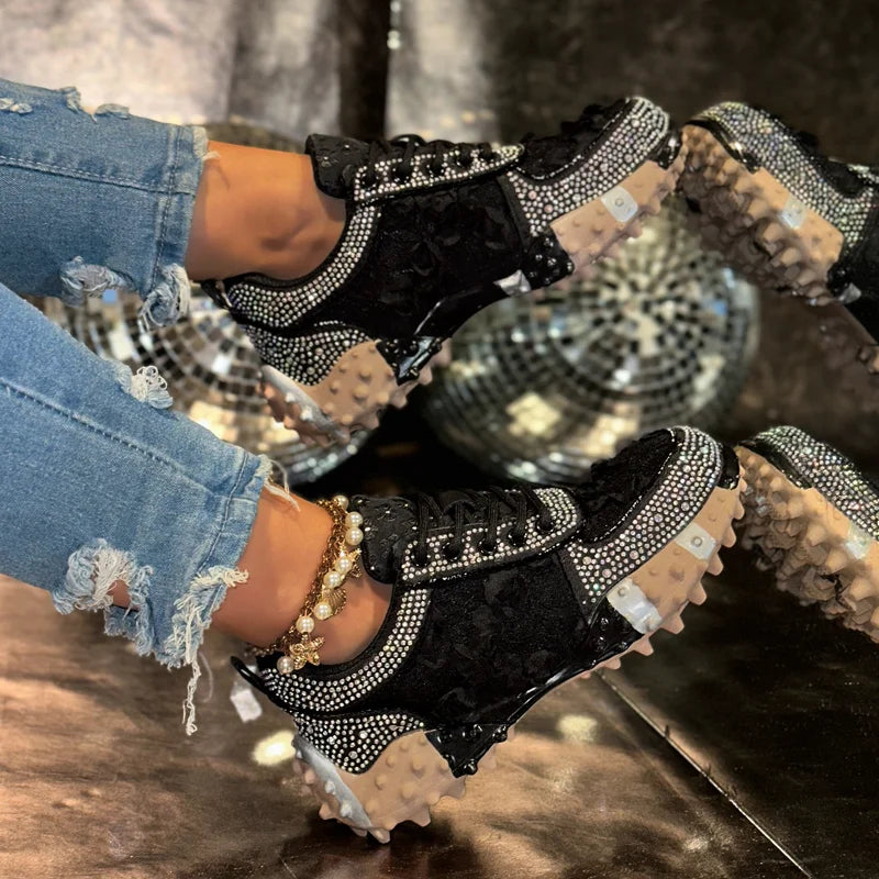 Women's Rhinestone Sneakers – Thick Sole Casual Sport Shoes Women's Fashion Sneakers Axl