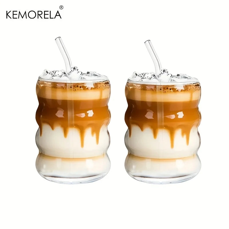 Caterpillar Wave Glass Cups with Straws | Iced Coffee & Drinks Glass Drinkware Set Axl 2PCS 300ML