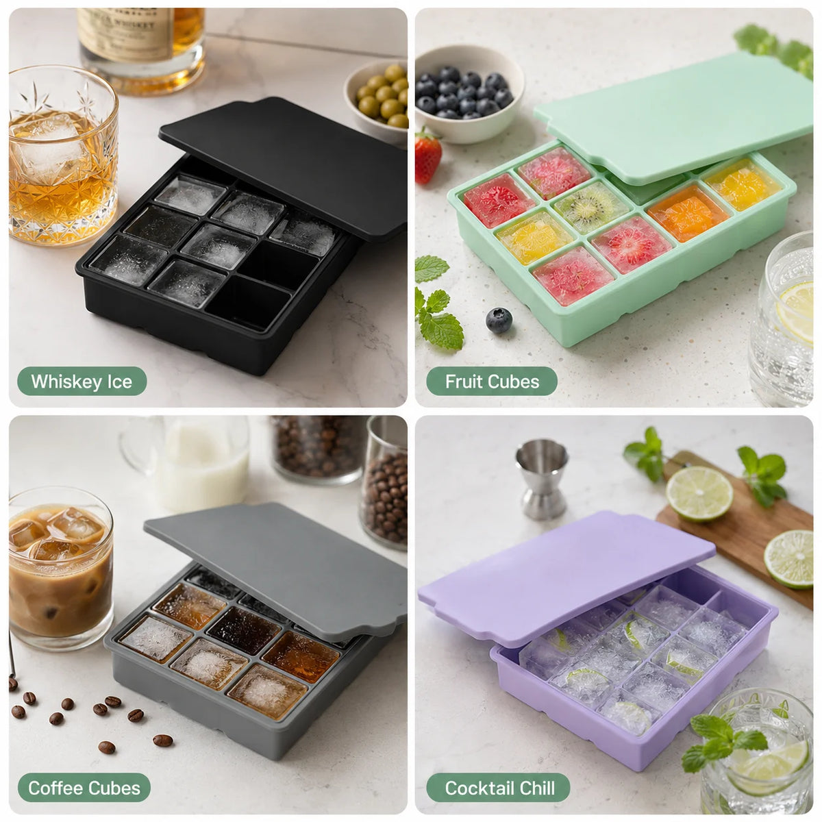 15-Grid Silicone Ice Cube Tray with Lid | Large Square Ice Mold Silicone Ice Cube Tray Axl