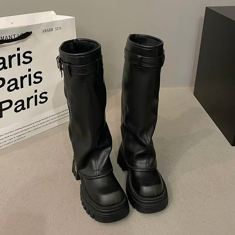 Women's Knee-High Platform Knight Boots – Belt Buckle Zip Knee-High Boots Axl black 39