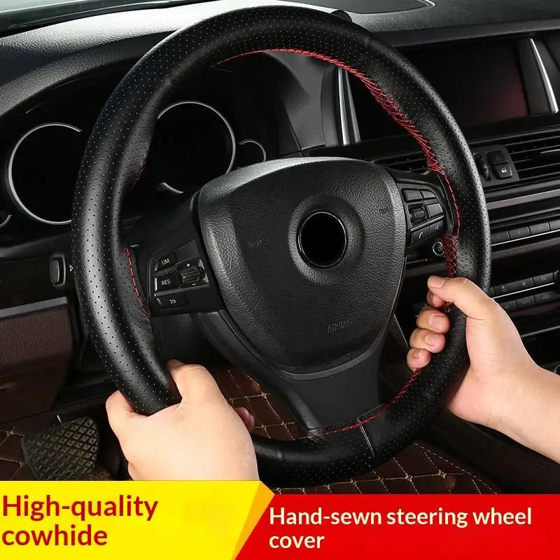 Hand-Sewn Leather Steering Wheel Cover – 38cm Anti-Slip Steering Wheel Cover Axl