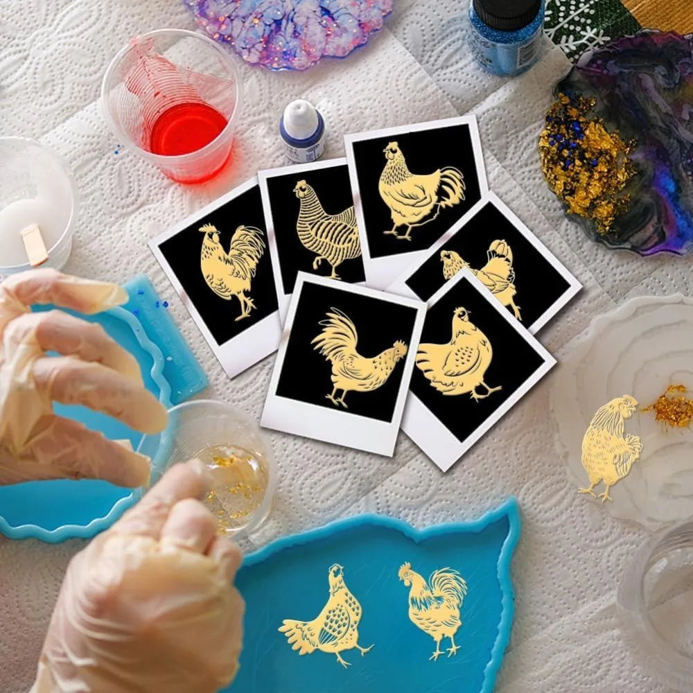 9-Pack Golden Metal Rooster Stickers – Epoxy DIY Craft Decor Craft Stickers Axl