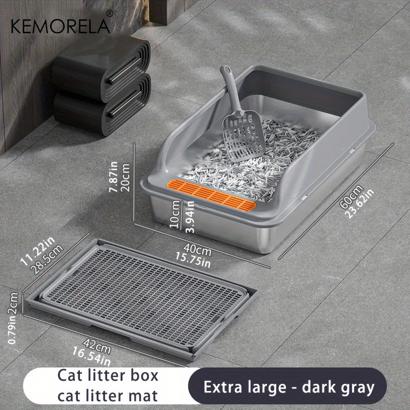 KEMORELA XL Stainless Steel Cat Litter Box with Anti-Splash Mat Cat Litter Box Axl Dark gray 60cm