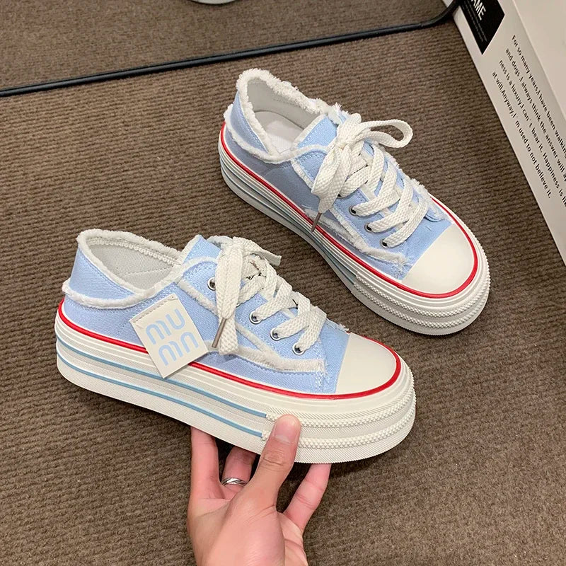 Women's Platform Canvas Sneakers – Casual Lace-Up Half Slipper Platform Canvas Sneakers Axl