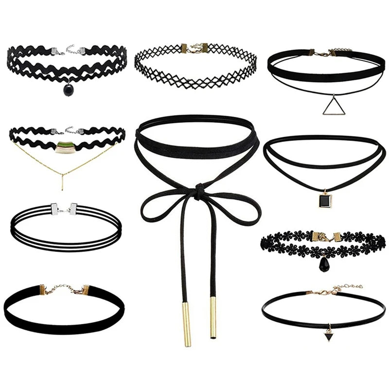 10-Piece Black Velvet Choker Necklace Set – Gothic & Classic Choker Necklace Set Axl