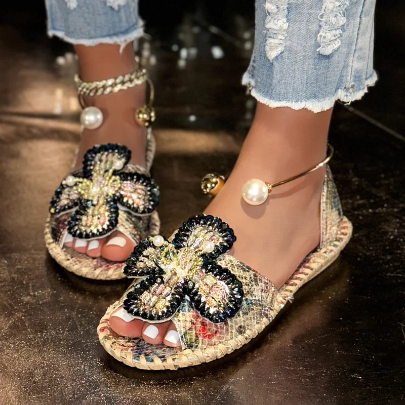 UXST Women's Beaded Pearl Flower Flat Slip-On Sandals Women's Flat Sandals Axl