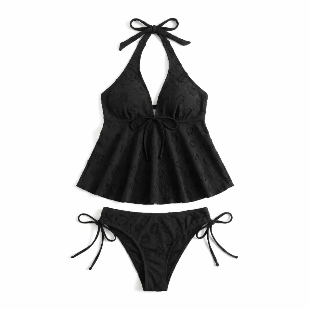 Y2K Halter Neck Bowknot Bikini Set – Two-Piece Swimsuit S–XL Two-Piece Bikini Set Axl Black L