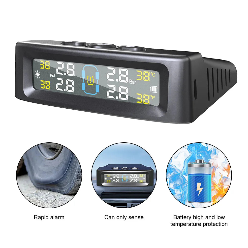 Solar TPMS Car Tire Pressure Monitor – 4 External Sensors Tire Pressure Monitor Axl