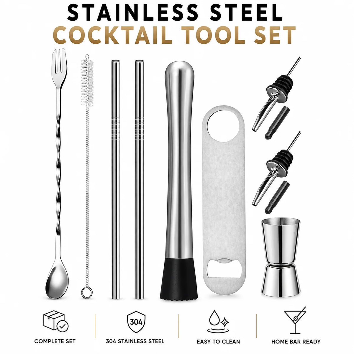 Stainless Steel Cocktail Muddler & Bar Tool Set | 3–9 Piece Bar Tool Set Axl