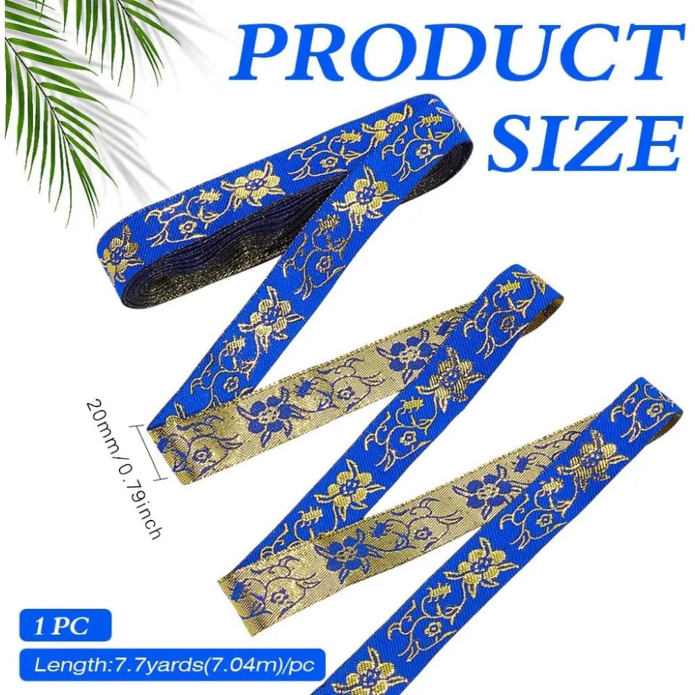 Blue Ethnic Jacquard Ribbon 20mm – Boho Floral Trim 7.7 Yds Jacquard Ribbon Trim Axl