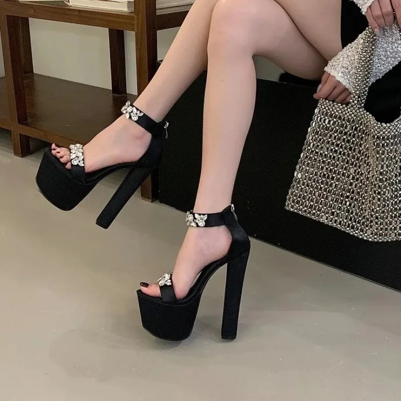 Women's Crystal Diamond Peep Toe Square Heel Platform Sandals Platform Heel Sandals Axl