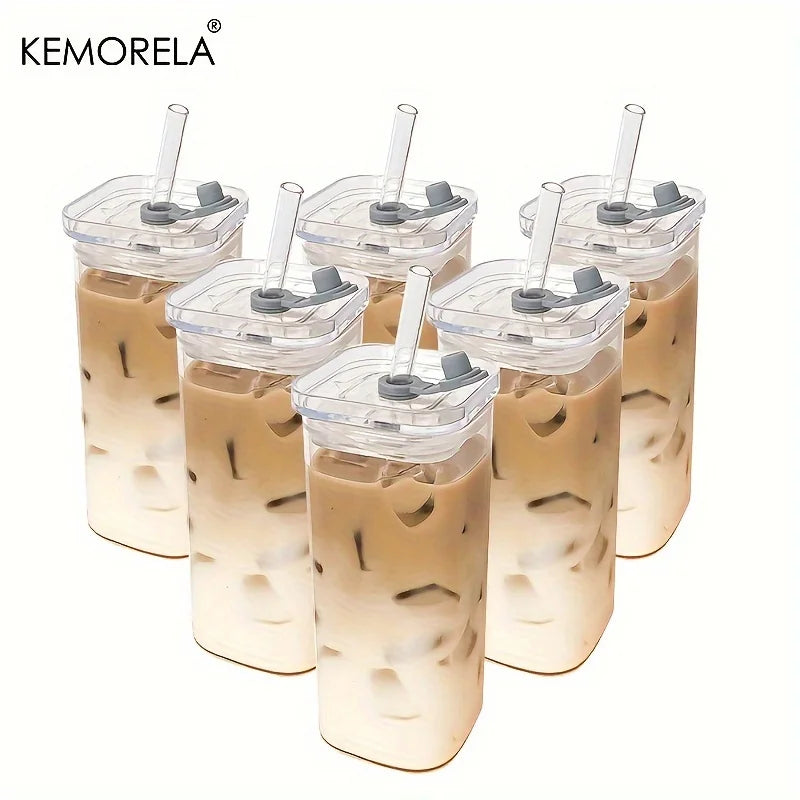 Square Heat-Resistant Glass Cups with Lid & Straw | Set of 1–6 Glass Cup Set Axl 6PCS 301-400ml