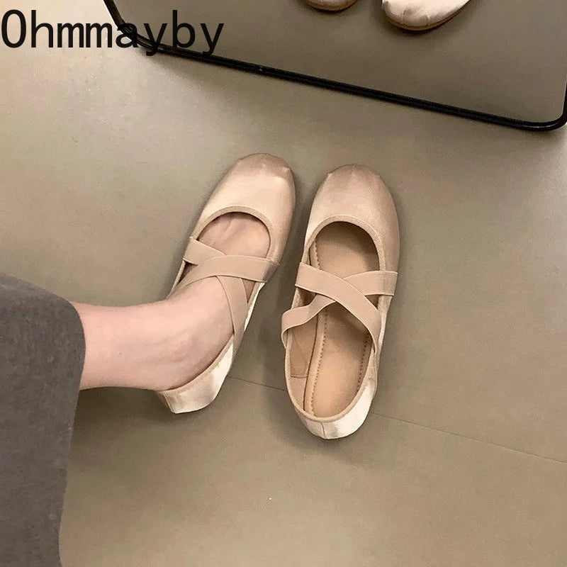 Women's Satin Cross Strap Ballet Flats – Elegant Slip-On Ballet Flat Shoes Axl