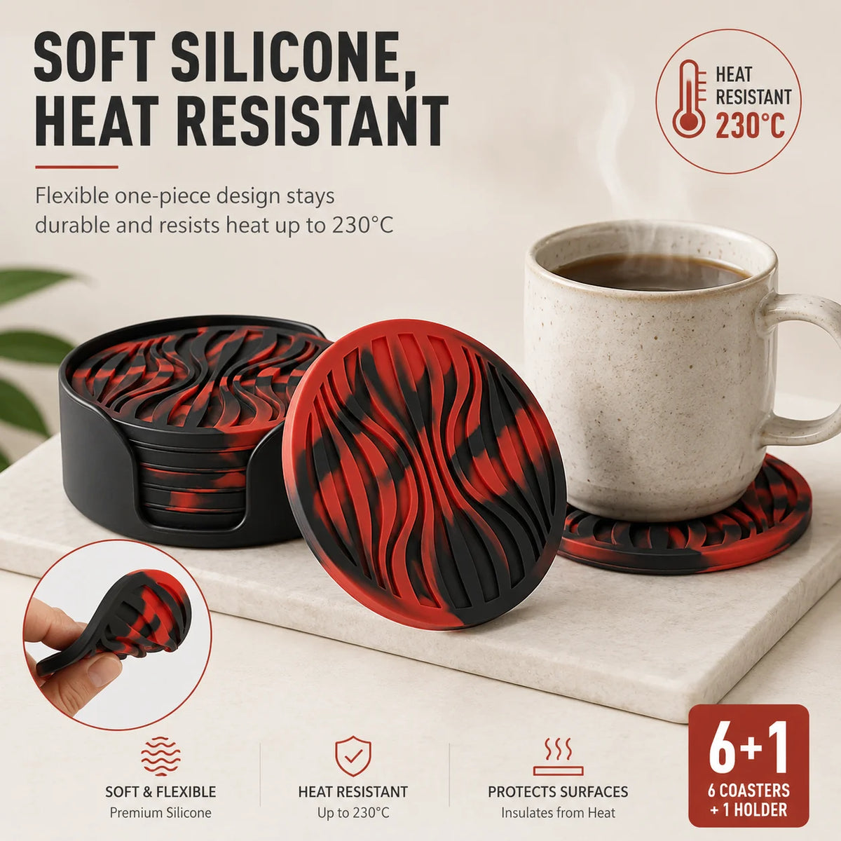 Silicone Coasters Set of 6 with Holder – Heat Resistant Cup Mats Silicone Coaster Set Axl
