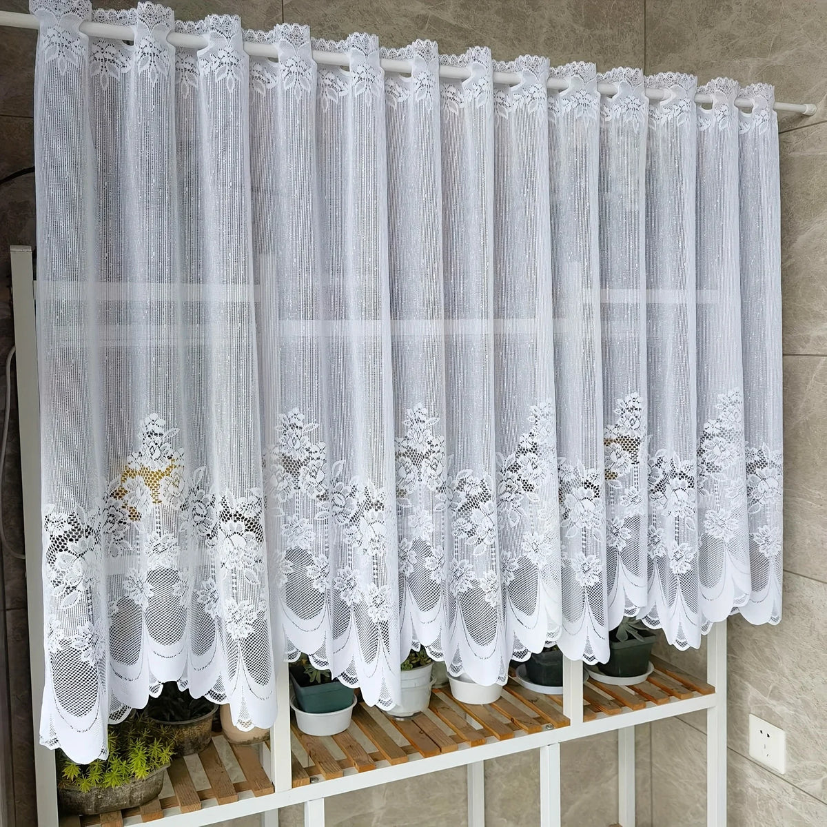 White Lace Chiffon Curtains – Floral Ruffle Pole Pocket Panel Lace Window Curtain Axl W59 H36in (150 90cm)