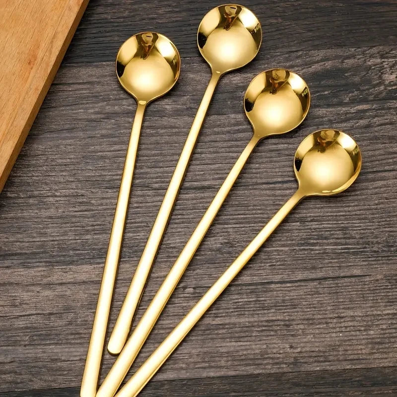 4-Piece Golden Long Handle Stainless Steel Coffee & Tea Spoons Kitchen Spoon Set Axl