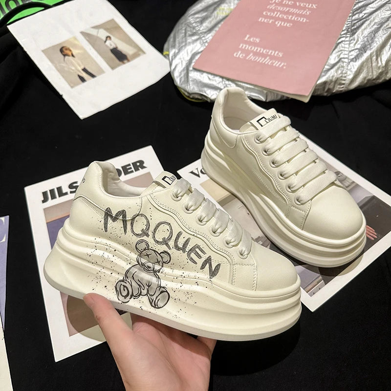 Women's White Platform Sneakers – PU Leather Lace-Up Flats Platform Sneakers Axl cartoon bear 39