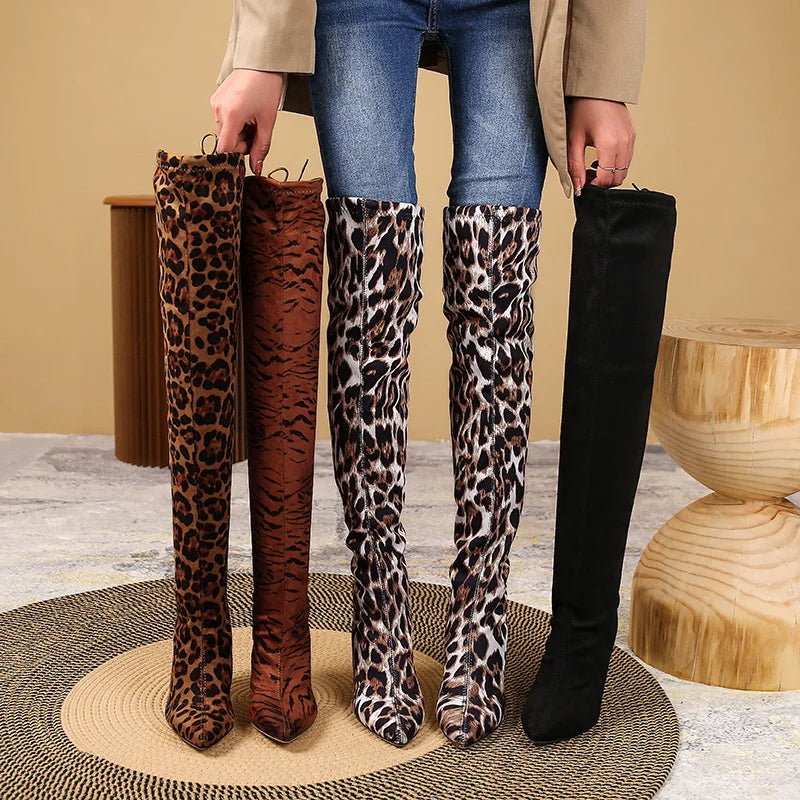 Women's Leopard Print Over-the-Knee Stiletto Boots Over-the-Knee Boots Axl