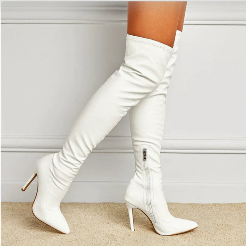 PU Leather Thigh High Over-the-Knee Boots | Women's Heels Over-the-Knee Boots Axl White 39