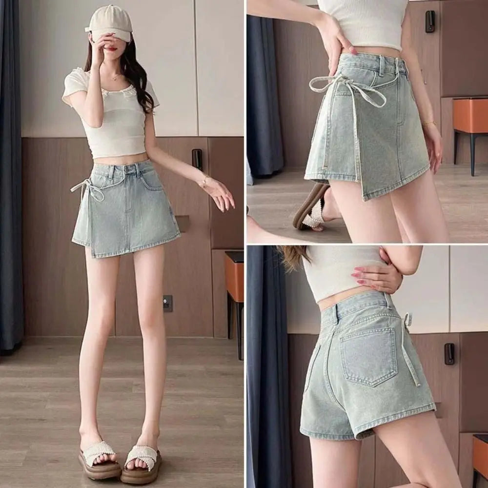 Y2K High Waist Denim A-Line Skirt – Lace-Up Wide Leg Blue Jean Denim A-Line Skirt Axl