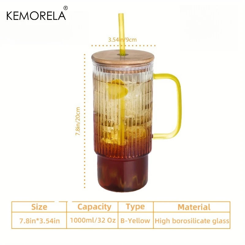 900ml Ribbed Glass Tumbler with Bamboo Lid & Straw | KEMORELA Glass Tumbler Axl