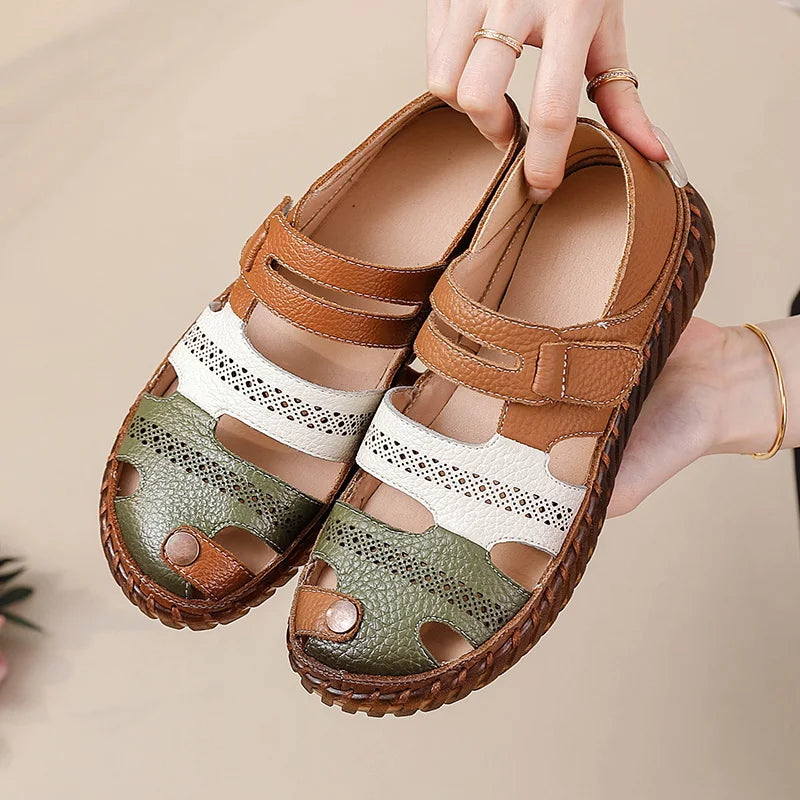 Women's Cutout Flat Sandals – Tri-Color Roma Beach Shoes Women's Flat Sandals Axl Green and brown 42