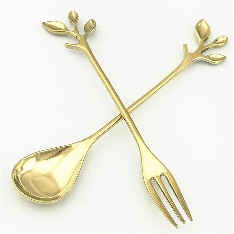 Leaf-Shaped Zinc Alloy Dessert Fork & Spoon | 12cm Cutlery Decorative Dessert Cutlery Axl