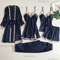 5-Piece Women's Silky Satin Lace Pajama Set – Nightgown & Shorts Satin Pajama Set Axl blue XL