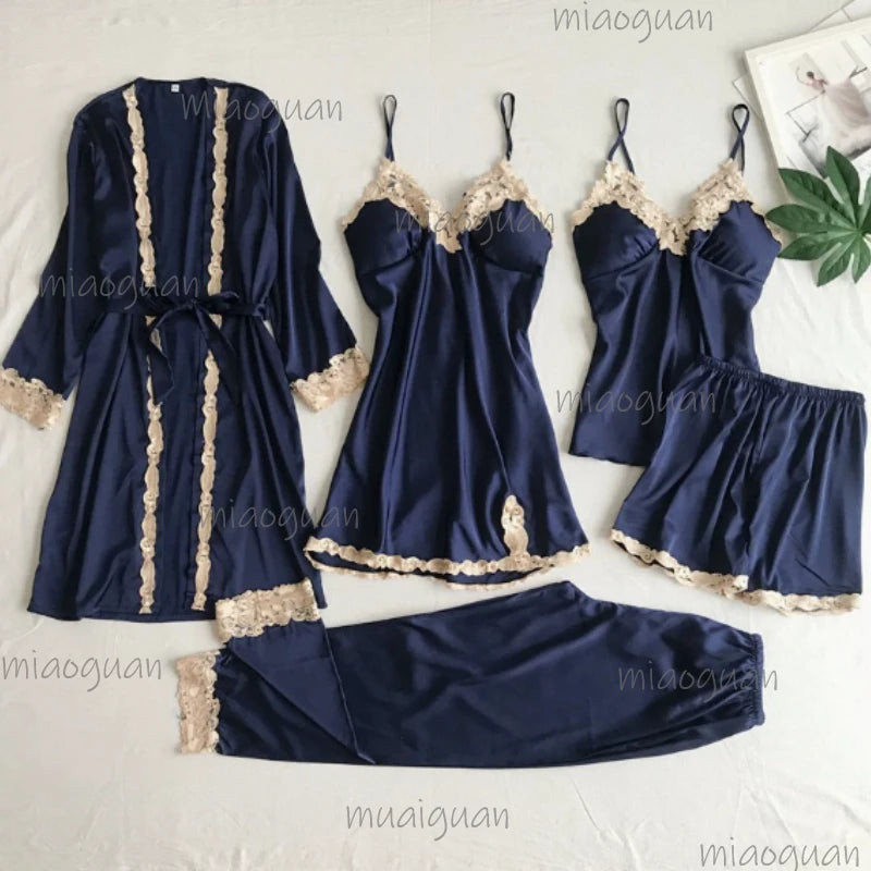 5-Piece Women's Silky Satin Lace Pajama Set – Nightgown & Shorts Satin Pajama Set Axl blue XL