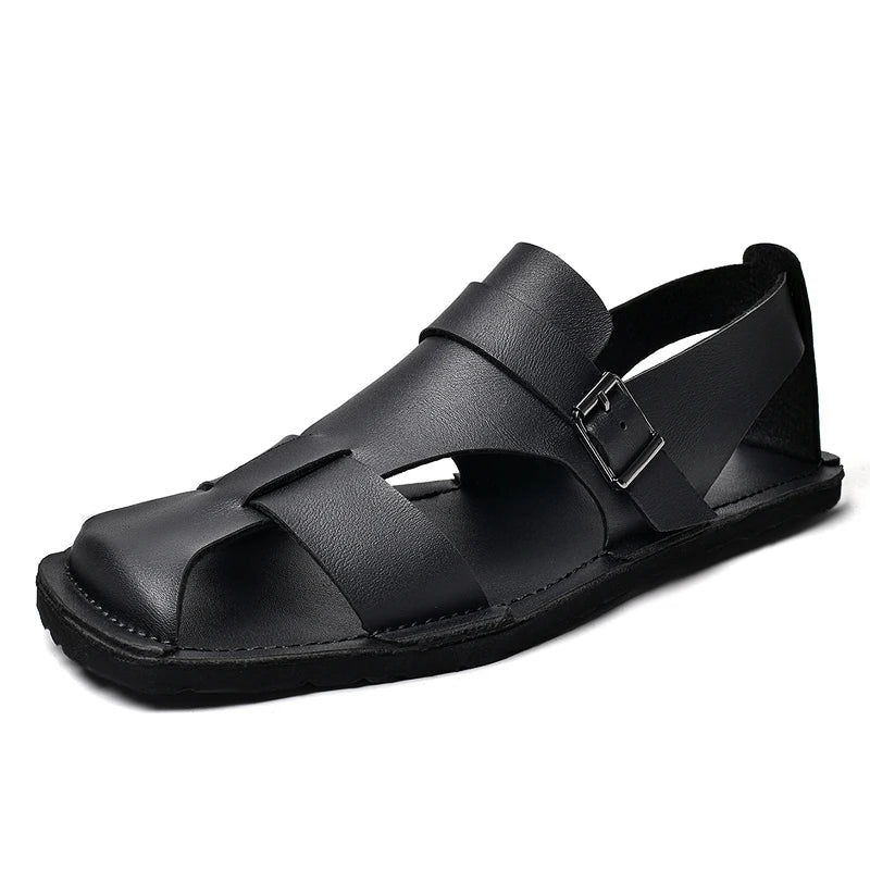 Men's Leather Beach Sandals – Anti-Collision Toe Aqua Shoes Men's Beach Sandals Axl Black 44