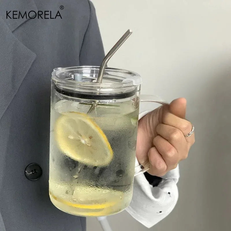 KEMORELA Large Glass Cup with Lid & Straw – Heat-Resistant Glass Drinkware Set Axl