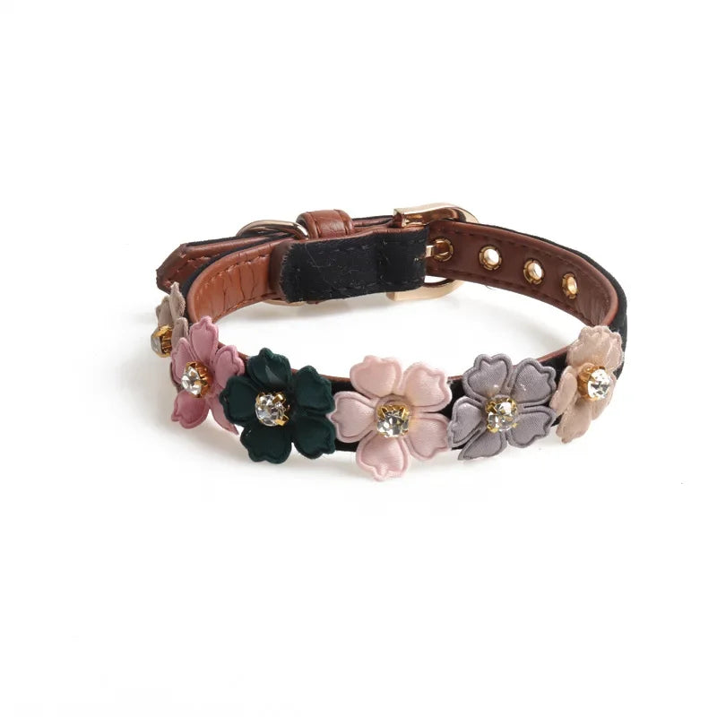 Rhinestone Flower Dog Cat Collar – Adjustable PU Leather Chain Pet Collar Axl 1.3X34CM black