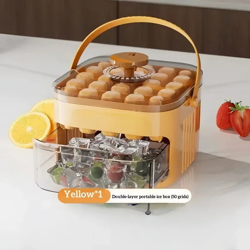 50-Grid Double Layer Ice Cube Tray with Lid | Reusable Mold Ice Cube Tray Axl YELLOW As whown