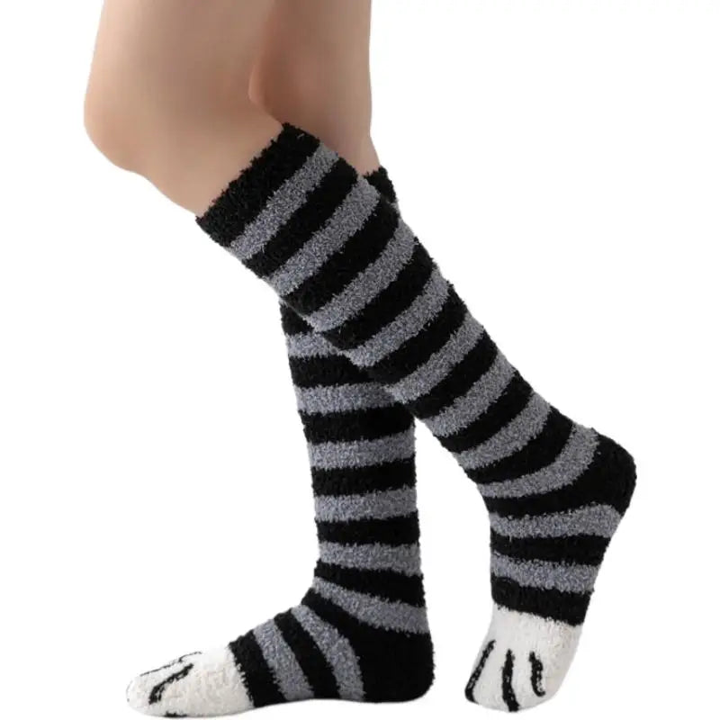 Cat Paw Plush Over-The-Knee Socks – Thick Warm Winter Stockings Plush Winter Socks Axl B One Size