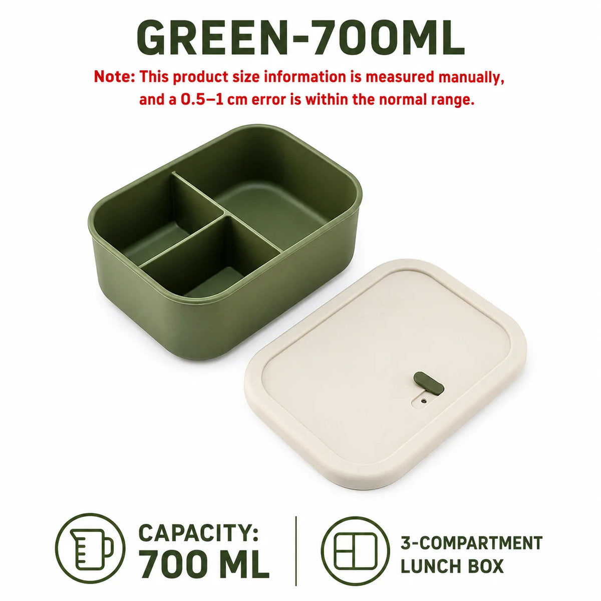 UWHISE Silicone Bento Box 3-Compartment Microwave Safe Lunch Box Silicone Lunch Box Axl Green-700ml