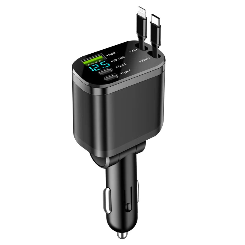 5-in-1 Car Charger with Retractable Cable | PD Fast Charge Car Phone Charger Axl black