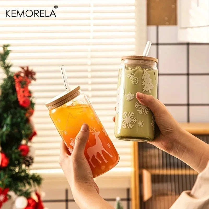 Christmas Glass Tumbler 480ml – Xmas Tree & Elk Cup, Lid & Straw Glass Tumbler Set Axl