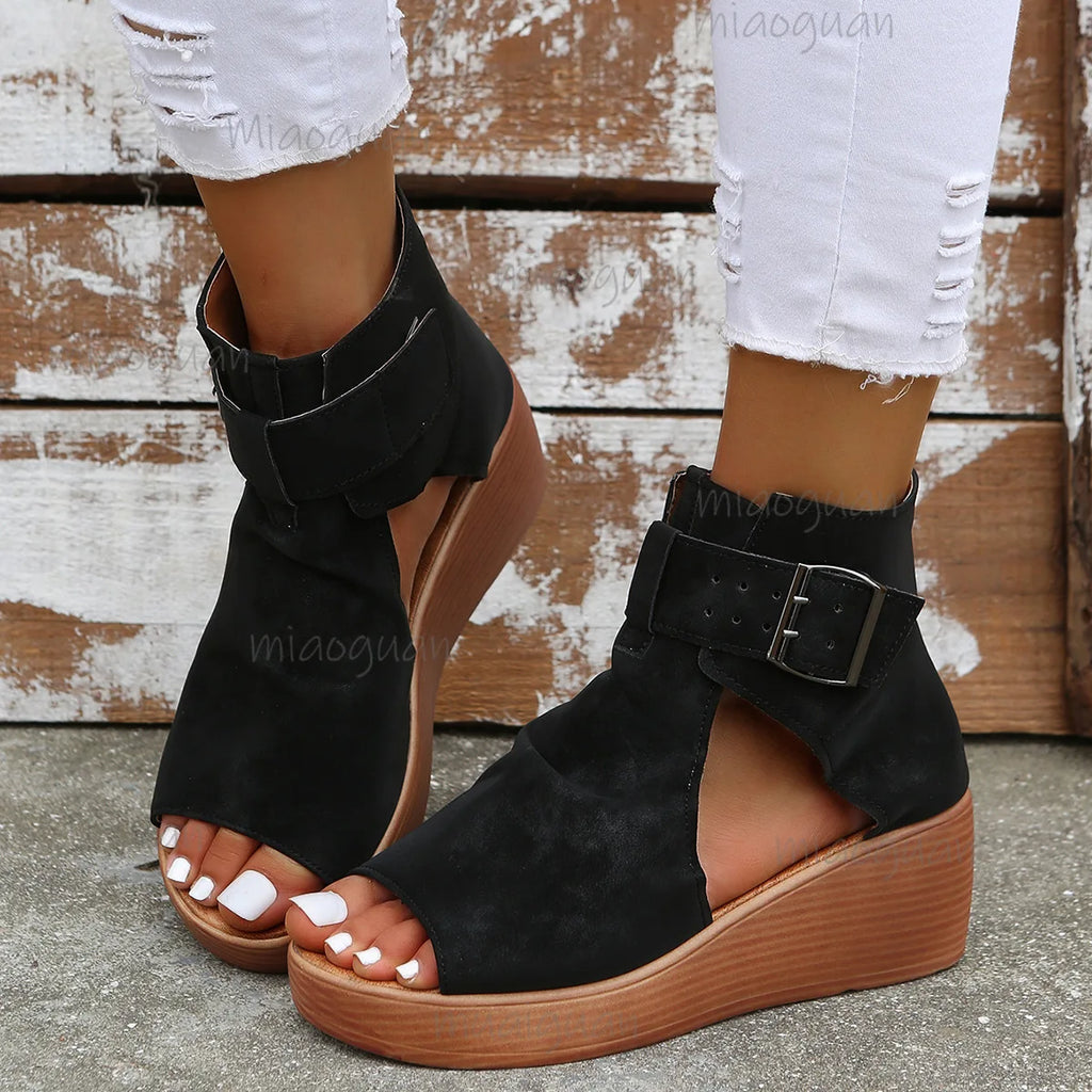 Plus Size Wedge Platform Sandals – Retro Roman Buckle Heels Wedge Platform Sandals Axl