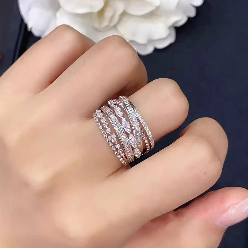 Huitan Wide Cocktail Ring – Multi-Layer CZ Pave Women's Ring Cocktail Ring Axl