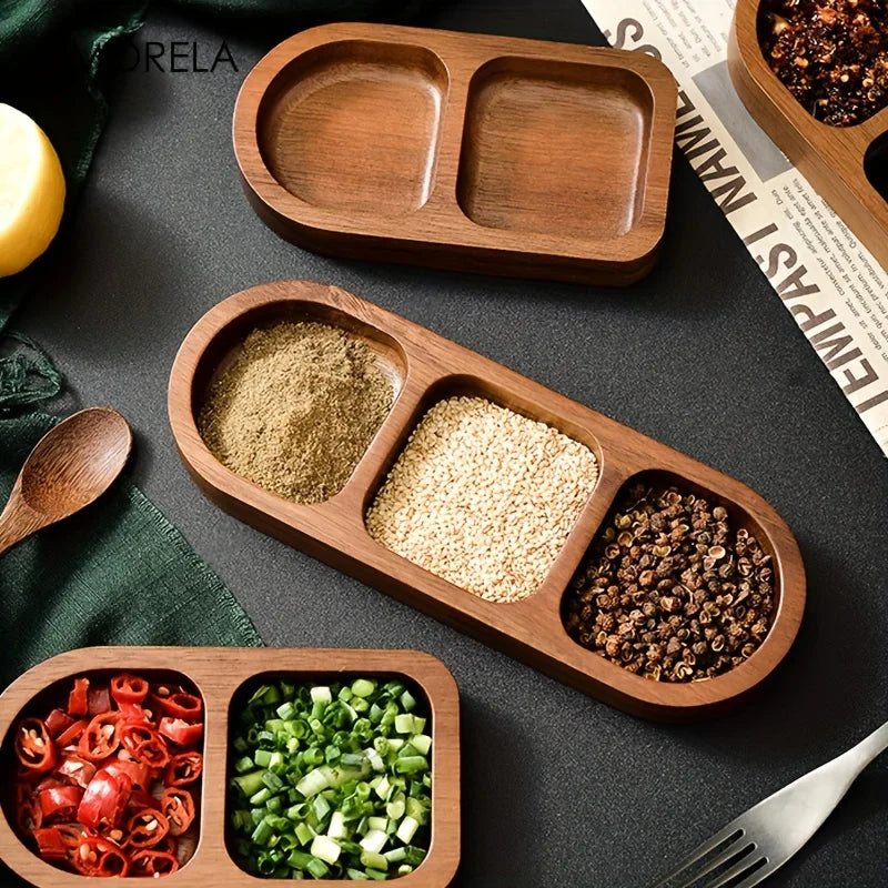 Solid Wood Condiment Tray – 2/3 Grid Sushi & Sauce Plate Wooden Serving Tray Axl
