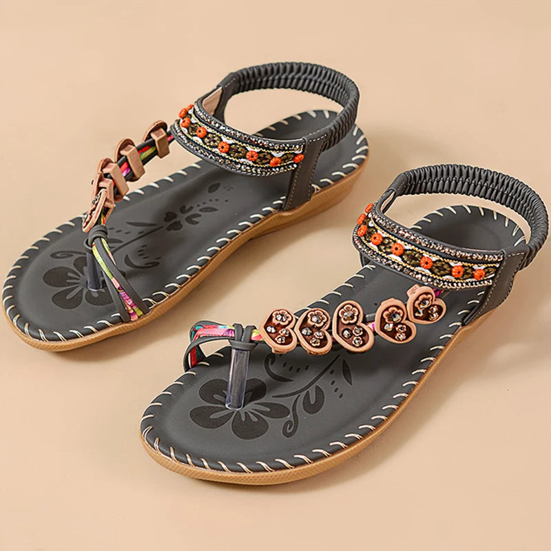 HAJINK Women's Bohemian Sandals – Beaded Low Heel Beach Flats Women's Sandals Axl Grey 45