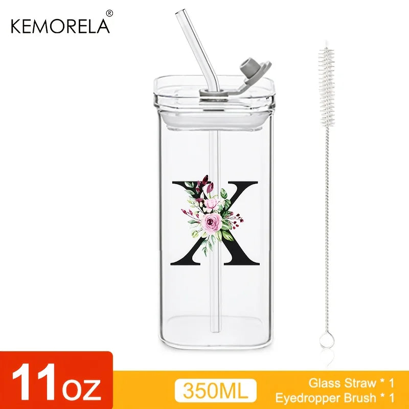 KEMORELA 300ml Letter-Shaped Glass Tumbler with Lid & Straw Glass Tumbler Axl X 300ML