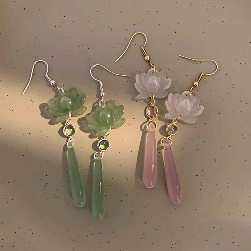 Chinese Lotus Cat's Eye Tassel Drop Earrings | 1 Pair Tassel Drop Earrings Axl