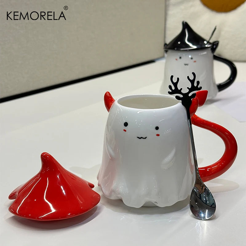 KEMORELA Halloween Ceramic Mug with Lid & Spoon 470ml Ceramic Coffee Mug Axl