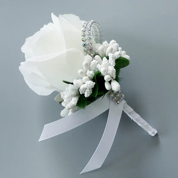 Silk Rose Groom Corsage Brooch – Men's Wedding Boutonnière Pin Wedding Corsage Brooch Axl White