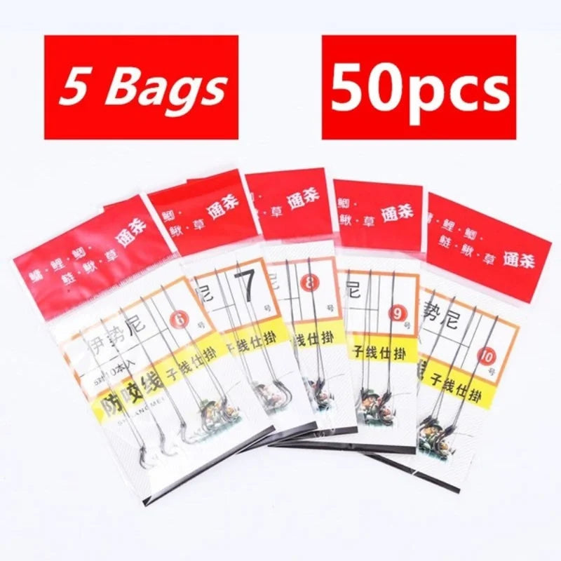 50-Pack Size 10 Barbed Fishing Hooks – Pre-Tied Steel Alloy Fishing Hooks Axl