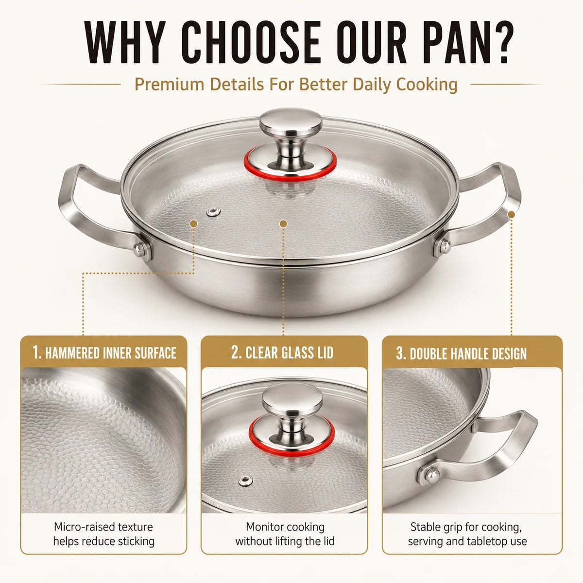 Tri-Ply Hammered Stainless Steel Skillet with Glass Lid Stainless Steel Skillet Axl