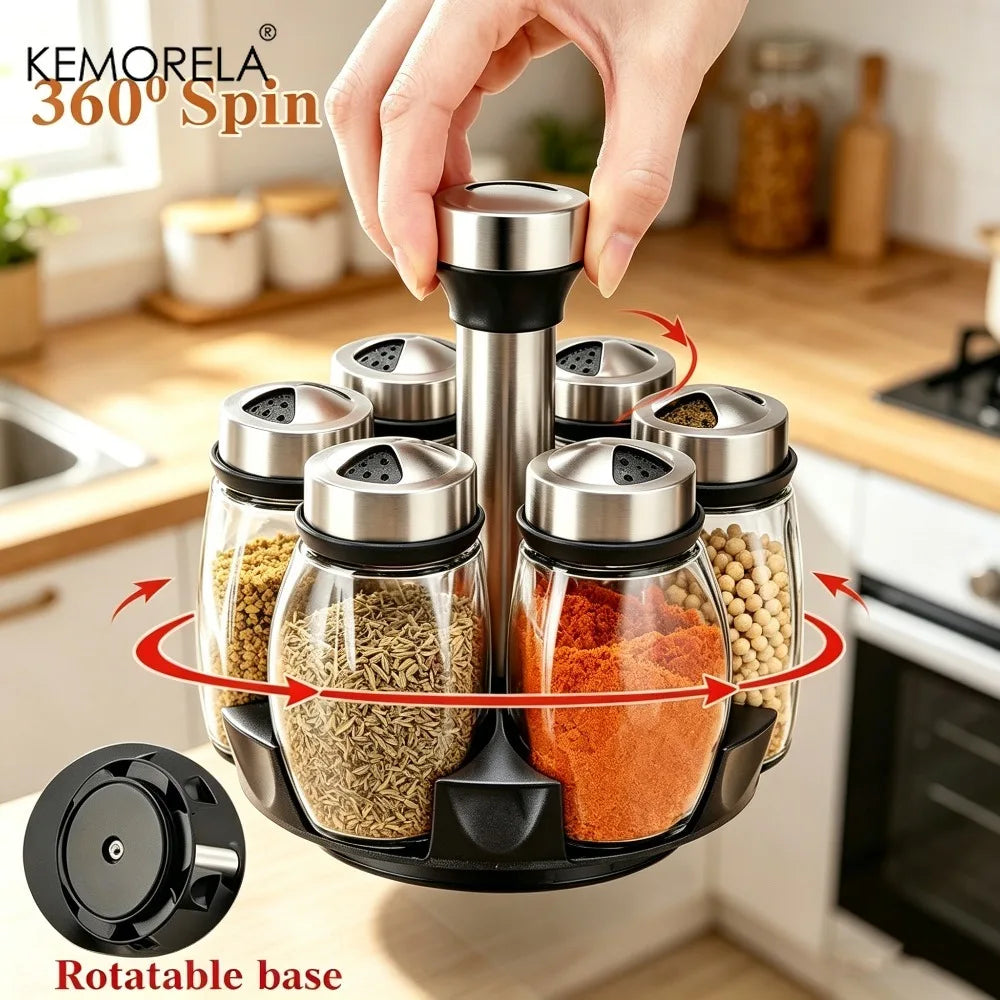 Rotating Glass Spice Jar Rack – KEMORELA Kitchen Organizer Rotating Spice Rack Axl Single Layer