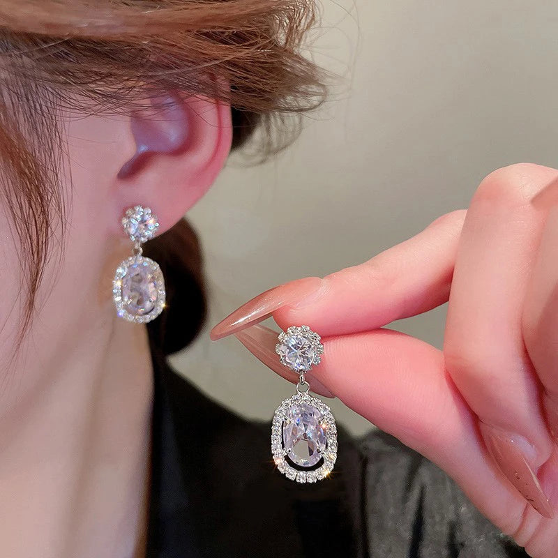 Huitan Oval CZ Dangle Earrings – Silver Drop Earrings for Women Drop Dangle Earrings Axl
