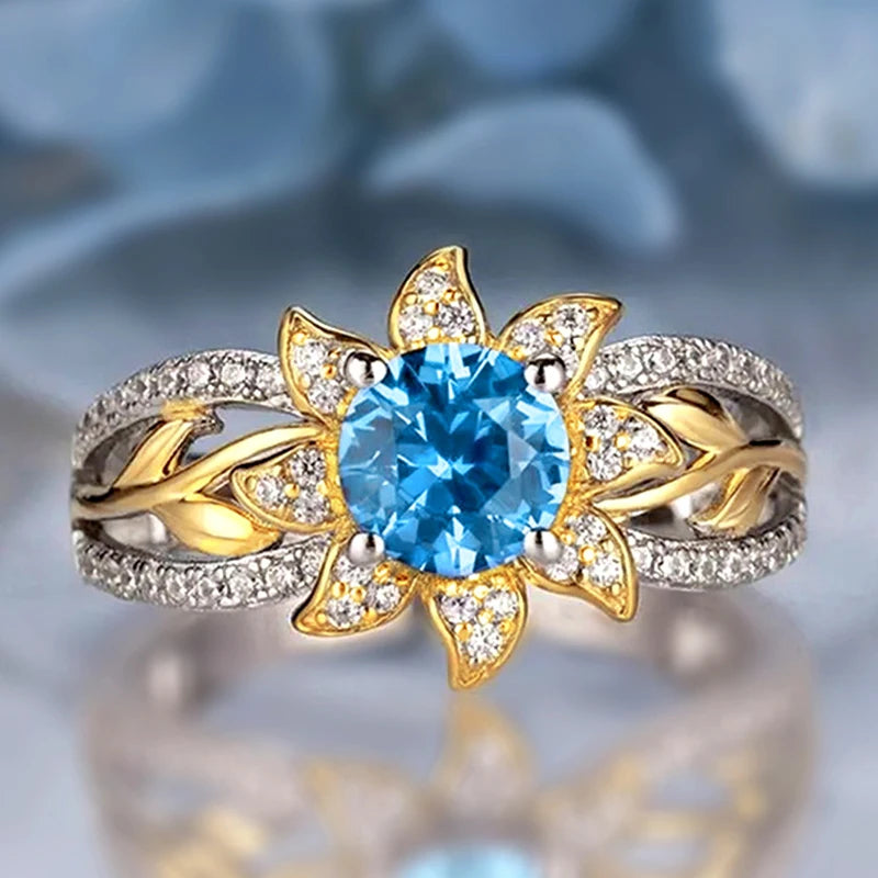 Huitan Sunflower Ring Blue Cubic Zirconia Two-Tone Women Fashion Ring Axl A212 8